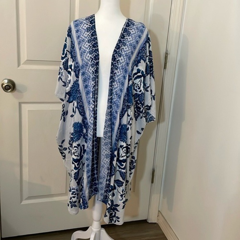 Angie Floral Kimono Women Large Blue Grey Boho Rayon Open Front Cardigan Wrap - Picture 5 of 5